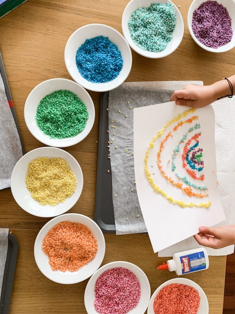 how to dye rice - coloring a rainbow with rice work in