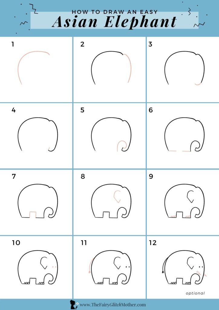 Elephant Drawing For Kids - How To Draw Easy Peasy Step by step Asian Elephant Printable The Fairy Glitch Mother 1