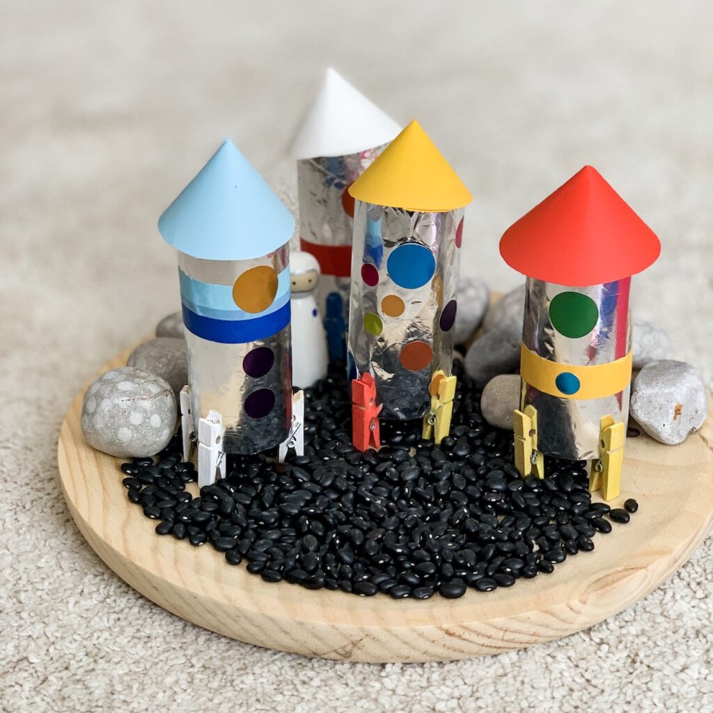 Space Activities for toddlers - Paper roll rockets set up