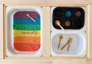 Sensory table with Rainbow rice